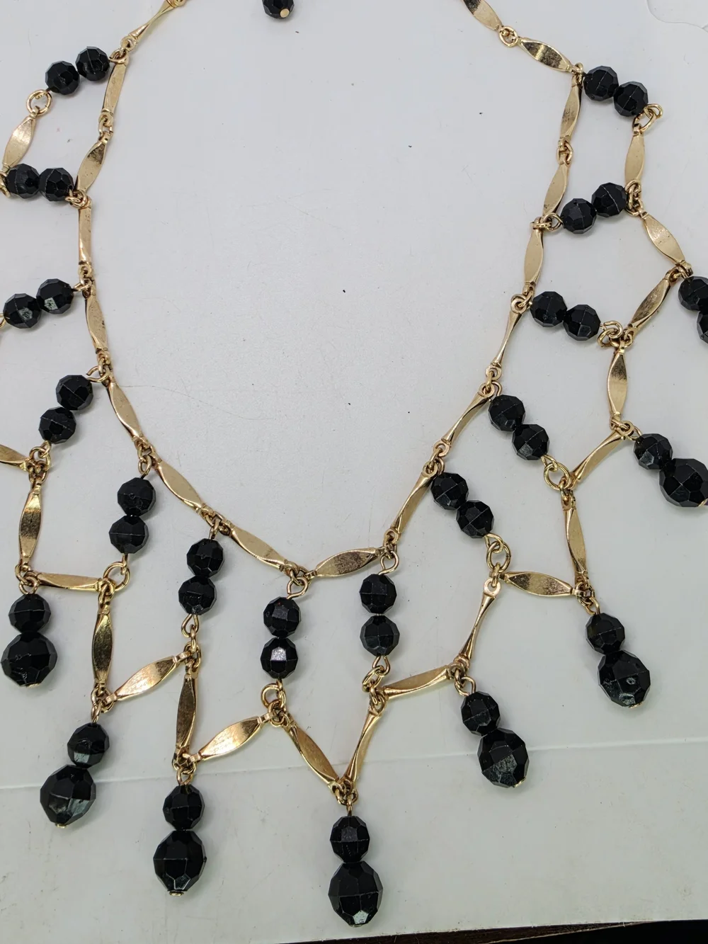Vintage Art Deco Revival Black Glass Bead Festoon Collar Gold Tone Lattice Fring